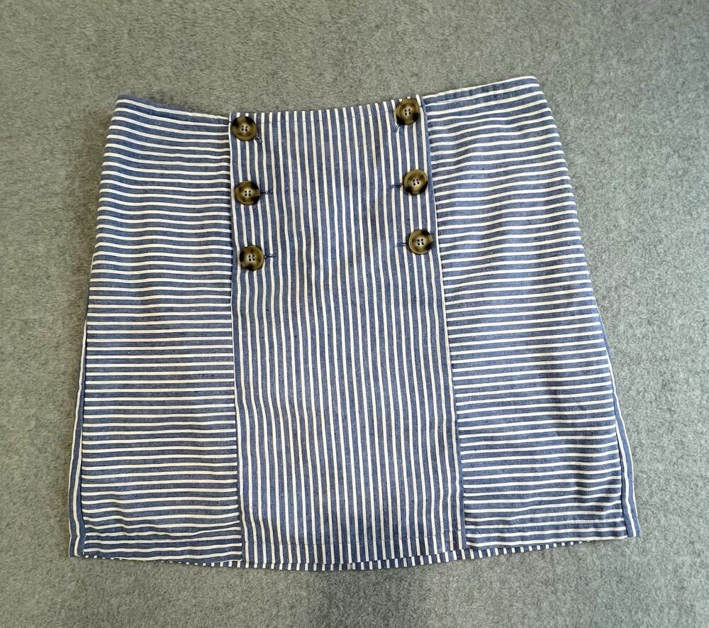 Women's Blue White Striped A-Line Short Skirt Gold Button Front Closure Sz M